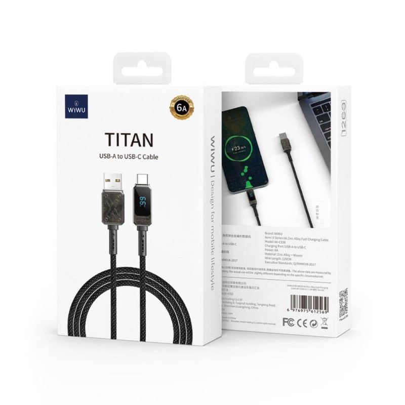 Bal-z Wiwu Wi-C038 Titan Serisi USB-A to Type-C 6A 66W LED Dijital Göstergeli Şarj ve Data Kablosu 1.2M