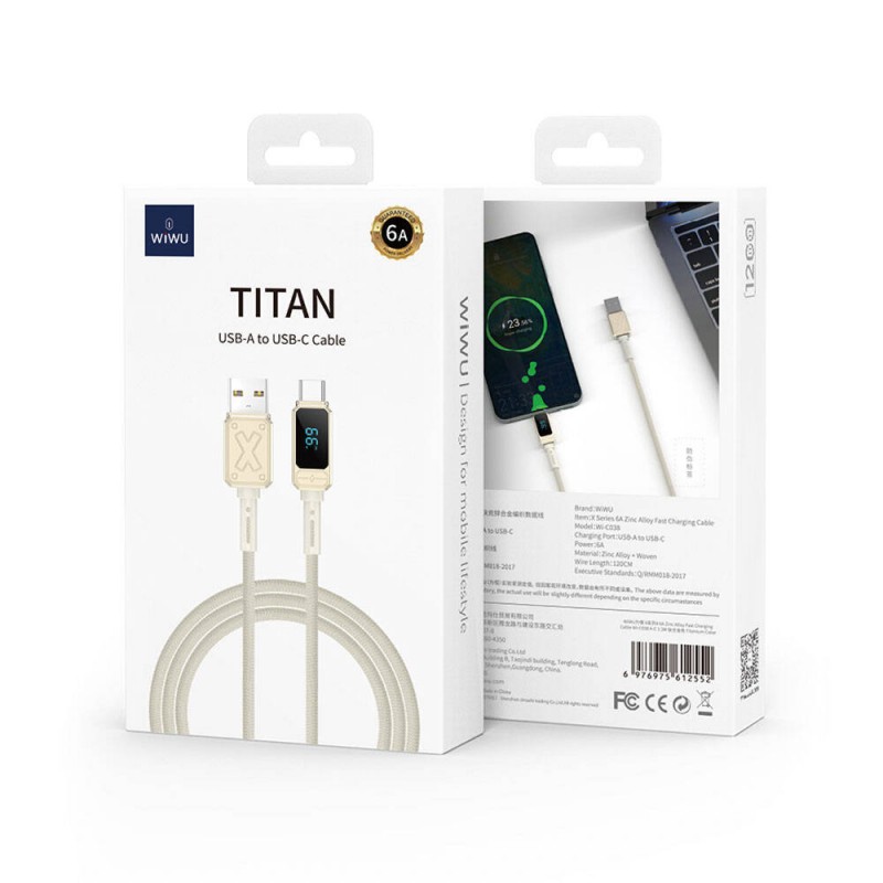 Bal-z Wiwu Wi-C038 Titan Serisi USB-A to Type-C 6A 66W LED Dijital Göstergeli Şarj ve Data Kablosu 1.2M