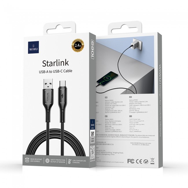 Wiwu Wi-C042E Starlink Serisi USB-A to Type-C Hızlı Şarj Özellikli Data ve Şarj Kablosu 2.4A 1M