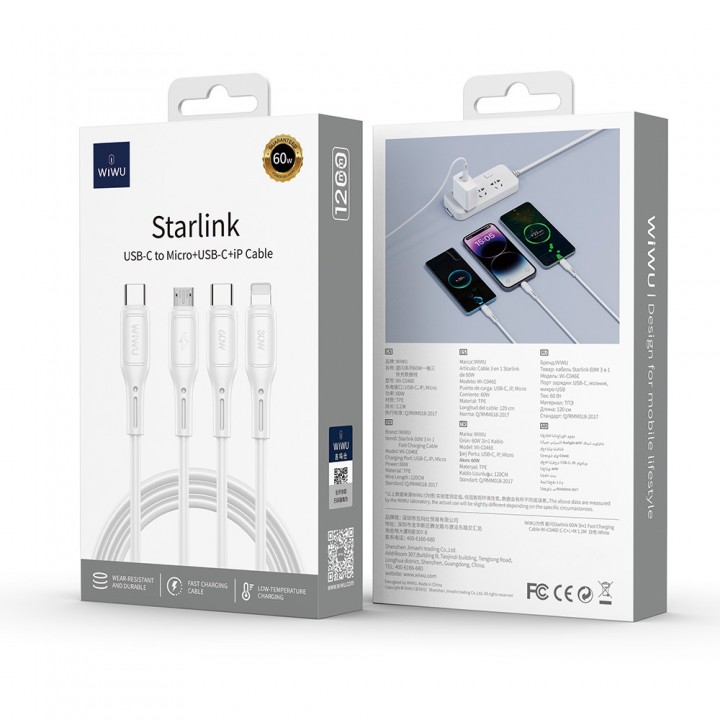 Wiwu Wi-C046E Starlink Serisi 3in1 USB-A to Lightning – Type-C – Micro Şarj ve Data Kablosu 60W 1.2M