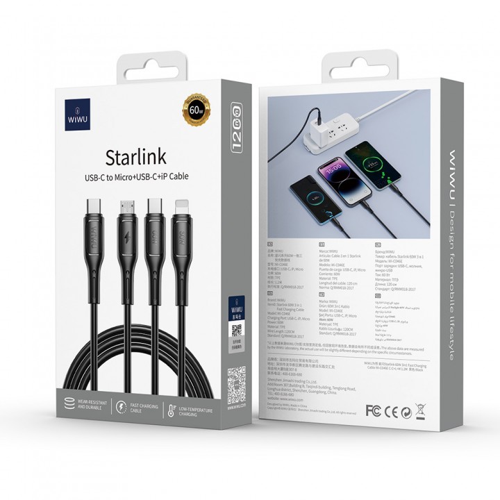 Wiwu Wi-C046E Starlink Serisi 3in1 USB-A to Lightning – Type-C – Micro Şarj ve Data Kablosu 60W 1.2M