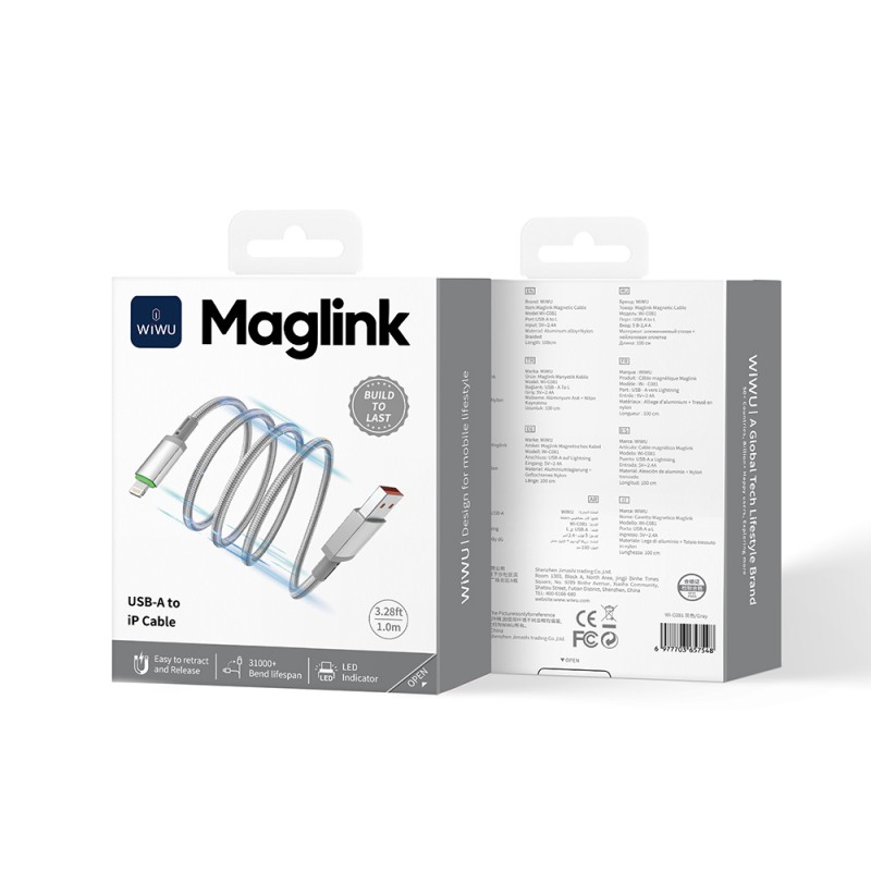 Bal-z Wiwu Wi-C081 Maglink Serisi Işıklı Magnetik USB-A to Lightning Işıklı Hızlı Şarj Özellikli Data ve Şarj Kablosu 1M