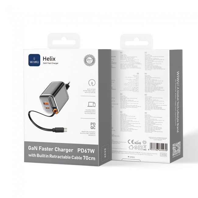 Wiwu Wi-G020 Helix Serisi GaN Teknolojili Hızlı Şarj Başlığı USB-A to Type-C PD 65W Type-C Kablolu Şarj Seti Wiwu Wi-G020 Helix Serisi GaN Teknolojili Hızlı Şarj Başlığı USB-A to Type-C PD 65W Type-C Kablolu Şarj Seti