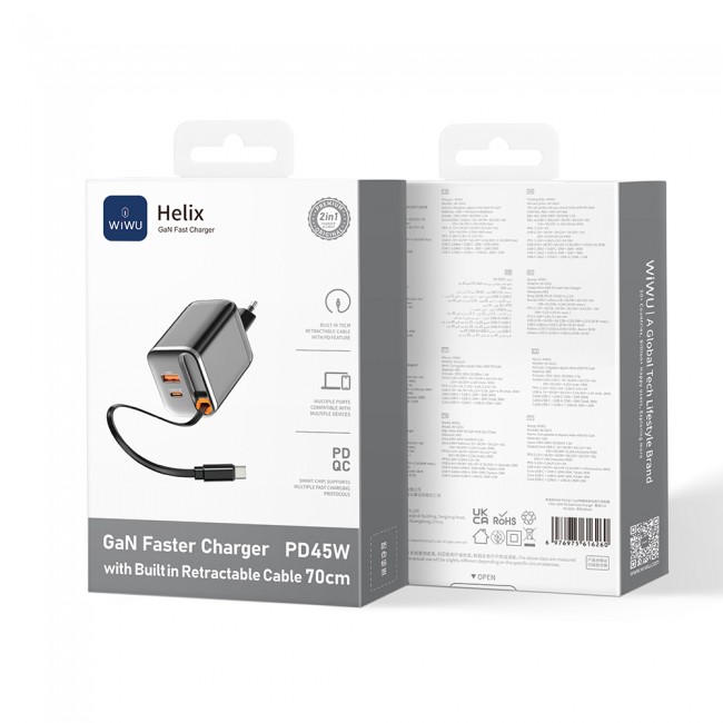 Wiwu Wi-G021 Helix Serisi GaN Teknolojili Hızlı Şarj Başlığı USB-A to Type-C PD 45W Type-C Kablolu Şarj Seti Wiwu Wi-G021 Helix Serisi GaN Teknolojili Hızlı Şarj Başlığı USB-A to Type-C PD 45W Type-C Kablolu Şarj Seti