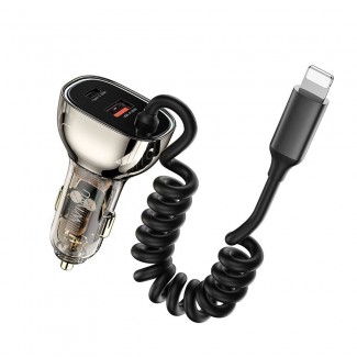 Wiwu Wi-QC019 Geek Serisi Type-C + Lightning Kablolu + USB-A Hızlı Şarj Özellikli Transparan Tasarımlı Araç Şarj Aleti 90W Wiwu Wi-QC019 Geek Serisi Type-C + Lightning Kablolu + USB-A Hızlı Şarj Özellikli Transparan Tasarımlı Araç Şarj Aleti 90W