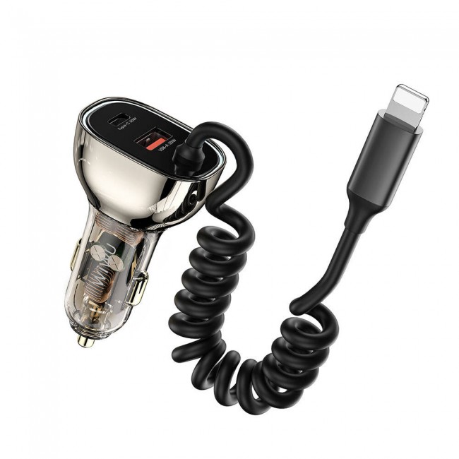 Wiwu Wi-QC019 Geek Serisi Type-C + Lightning Kablolu + USB-A Hızlı Şarj Özellikli Transparan Tasarımlı Araç Şarj Aleti 90W Wiwu Wi-QC019 Geek Serisi Type-C + Lightning Kablolu + USB-A Hızlı Şarj Özellikli Transparan Tasarımlı Araç Şarj Aleti 90W