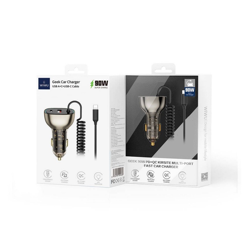 Bal-z Wiwu Wi-QC019 Geek Serisi Type-C + Lightning Kablolu + USB-A Hızlı Şarj Özellikli Transparan Tasarımlı Araç Şarj Aleti 90W