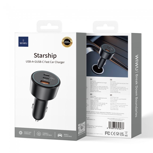 Wiwu Wi-QC026 Starship Serisi Hızlı Şarj Özellikli Dual Type-C + USB-A Portlu Araç Şarj Aleti 200W Wiwu Wi-QC026 Starship Serisi Hızlı Şarj Özellikli Dual Type-C + USB-A Portlu Araç Şarj Aleti 200W