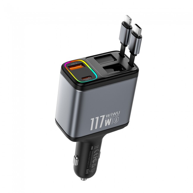 Wiwu Wi-QC027 Exeed Serisi Type-C&Lightning Kablolu + USB-A Hızlı Şarj Özellikli Led Göstergeli Araç Şarj Aleti 117W Wiwu Wi-QC027 Exeed Serisi Type-C&Lightning Kablolu + USB-A Hızlı Şarj Özellikli Led Göstergeli Araç Şarj Aleti 117W