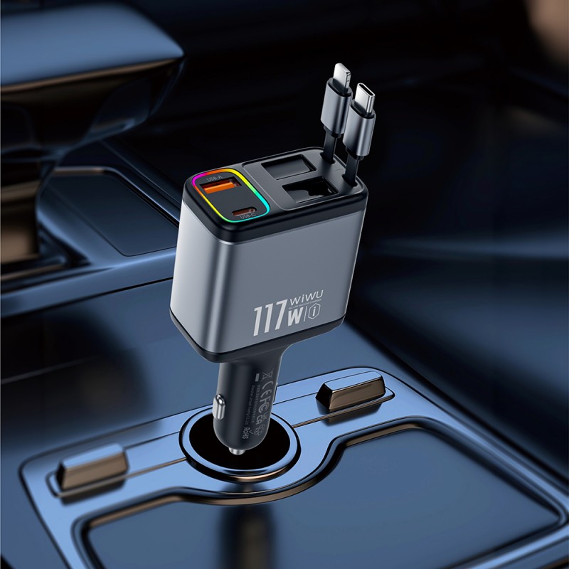 Bal-z Wiwu Wi-QC027 Exeed Serisi Type-C&Lightning Kablolu + USB-A Hızlı Şarj Özellikli Led Göstergeli Araç Şarj Aleti 117W