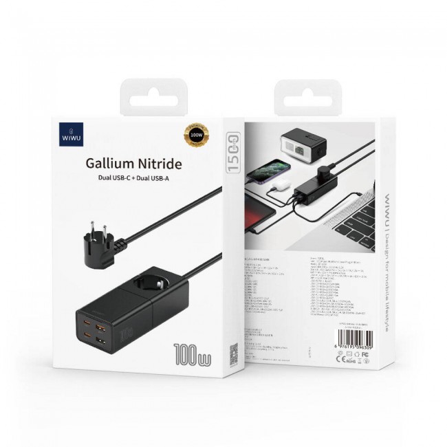 Wiwu Wi-S004 GaN Tech Çift Type-C ve Çift USB-A Girişli Priz 100W 150cm Wiwu Wi-S004 GaN Tech Çift Type-C ve Çift USB-A Girişli Priz 100W 150cm