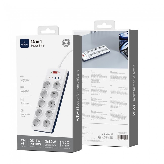 Wiwu Wi-S008 20W GaN Tech Power Strip 14 in 1 Çoklu Priz 2M Wiwu Wi-S008 20W GaN Tech Power Strip 14 in 1 Çoklu Priz 2M