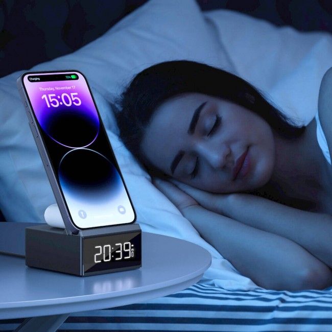 Wiwu Wi-W011 Platinum 3in1 Dijital Saatli ve Alarmlı Hızlı Şarj Özellikli Magnetik Kablosuz Şarj Standı Wiwu Wi-W011 Platinum 3in1 Dijital Saatli ve Alarmlı Hızlı Şarj Özellikli Magnetik Kablosuz Şarj Standı