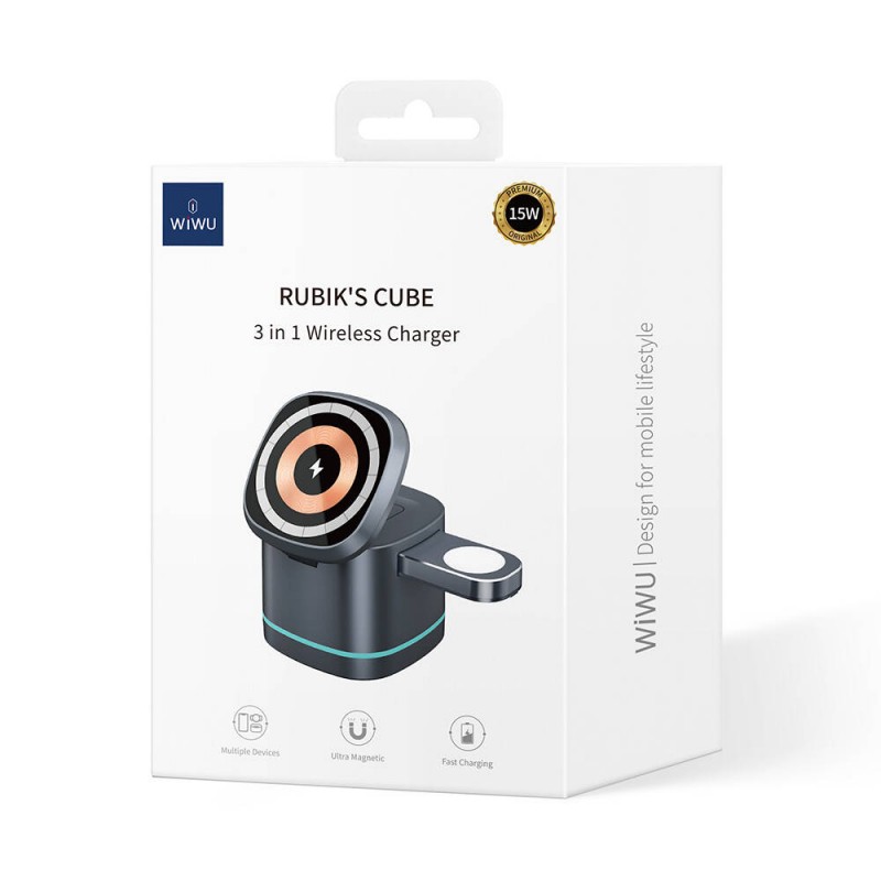 Bal-z Wiwu Wi-W024 Rubik Küp Ambiyans Işıklı Telefon&Akıllı Saat&Kulaklık İçin 15W 3in1 Kablosuz Şarj Standı