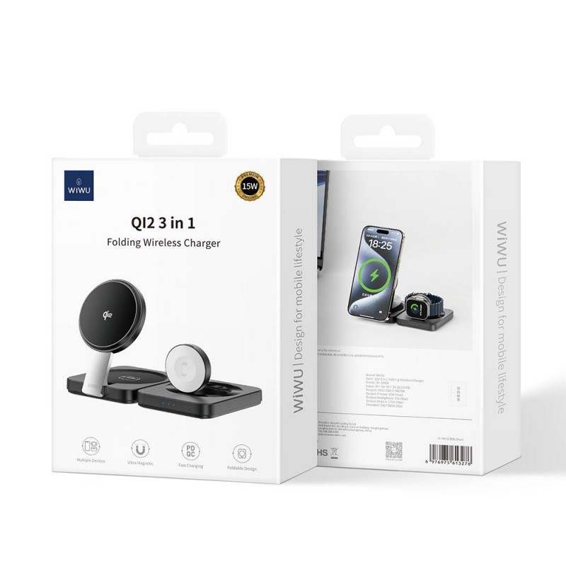 Bal-z Wiwu Wi-W028 Qi2 Şarj Teknolojili Katlanabilir LED Işık Göstergeli 3in1 Kablosuz Şarj Standı