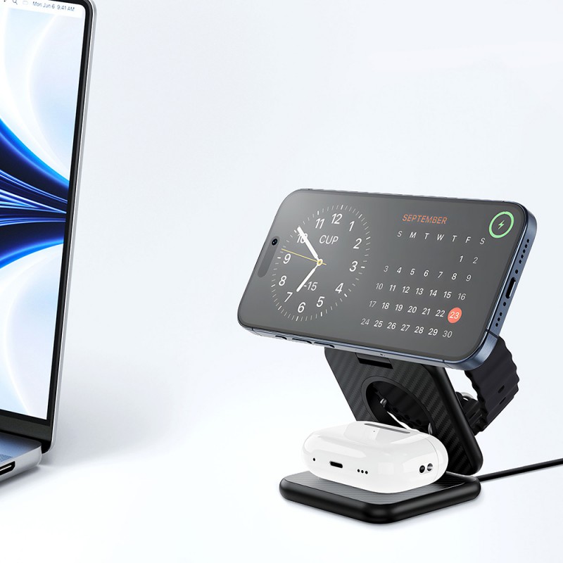 Bal-z Wiwu Wi-W035 3 in 1 Magnetik Hızlı Şarj Özellikli Aramid Fiber Kablosuz Şarj Standı 15W