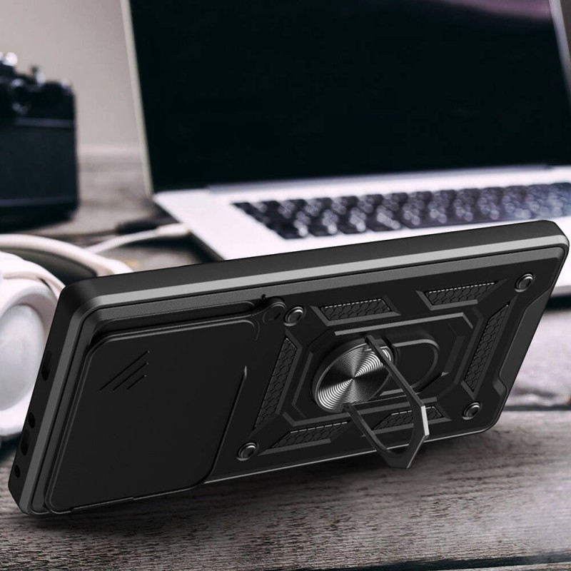 Bal-z Xiaomi Poco F6 Kılıf Magnetik Standlı Kamera Korumalı Zore Sürgülü Vega Kapak