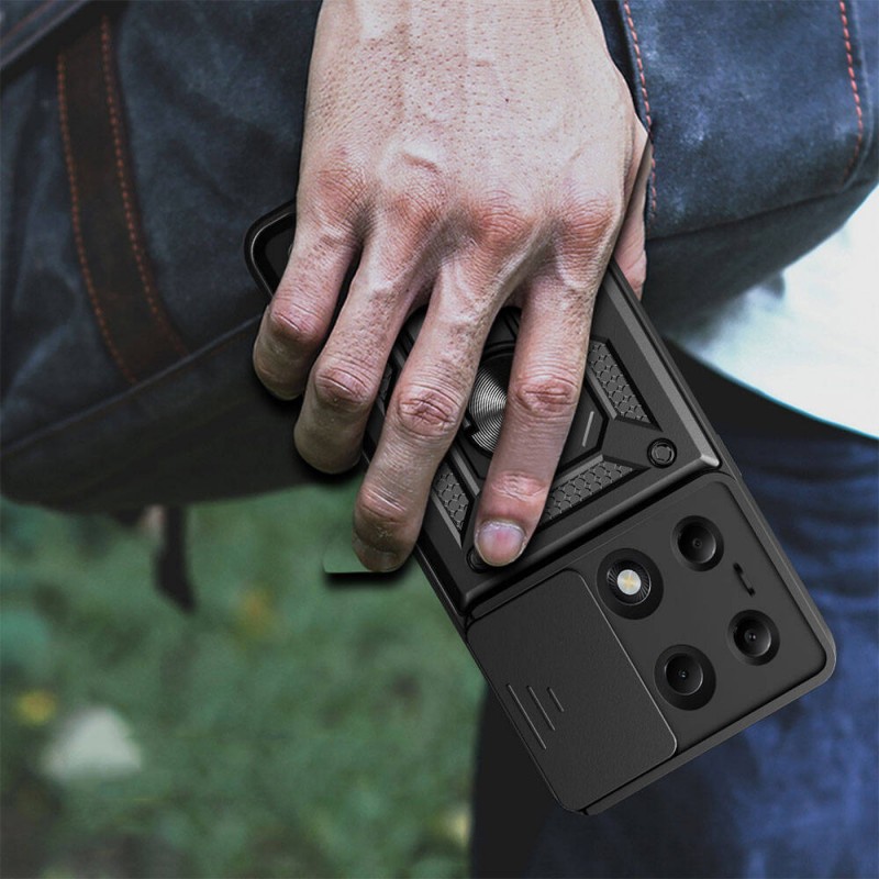 Bal-z Xiaomi Poco M6 Pro 4G Kılıf Magnetik Standlı Kamera Korumalı  Sürgülü Vega Kapak