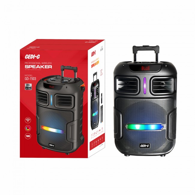 Zore GD-1503 Dijital LED Göstergeli FM Radyolu Mikrofonlu RGB TWS 15 inç Stereo Bass Kablosuz Karaoke Hoparlör Zore GD-1503 Dijital LED Göstergeli FM Radyolu Mikrofonlu RGB TWS 15 inç Stereo Bass Kablosuz Karaoke Hoparlör