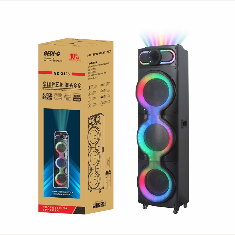 Bal-z  GD-3126 Dijital LED Göstergeli Mikrofonlu RGB TWS Üçlü 10 inç Stereo Bass Kablosuz Karaoke Hoparlör
