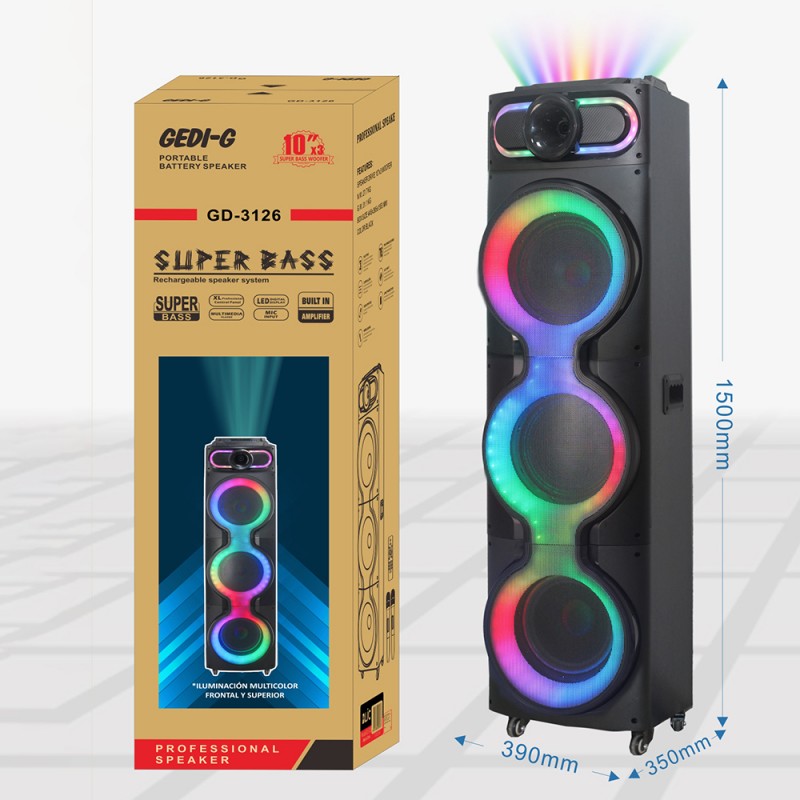 Bal-z  GD-3126 Dijital LED Göstergeli Mikrofonlu RGB TWS Üçlü 10 inç Stereo Bass Kablosuz Karaoke Hoparlör