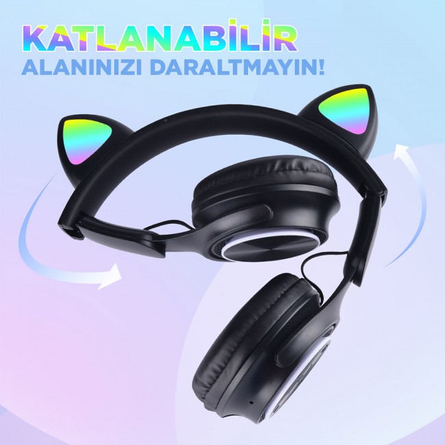 Zore M6 Pro Cat RGB Led Işıklı Kedi Kulağı Band Tasarımlı Ayarlanabilir ve Katlanabilir Kulak Üstü Bluetooth Kulaklık Zore M6 Pro Cat RGB Led Işıklı Kedi Kulağı Band Tasarımlı Ayarlanabilir ve Katlanabilir Kulak Üstü Bluetooth Kulaklık