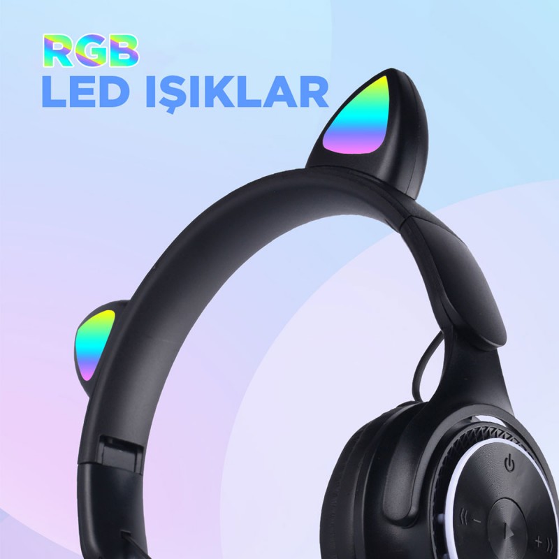 Bal-z  M6 Pro Cat RGB Led Işıklı Kedi Kulağı Band Tasarımlı Ayarlanabilir ve Katlanabilir Kulak Üstü Bluetooth Kulaklık